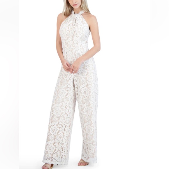 NWT Julia Jordan Knot Neck Halter Lace Ivory / Nude Jumpsuit Size 14. - Picture 4 of 15